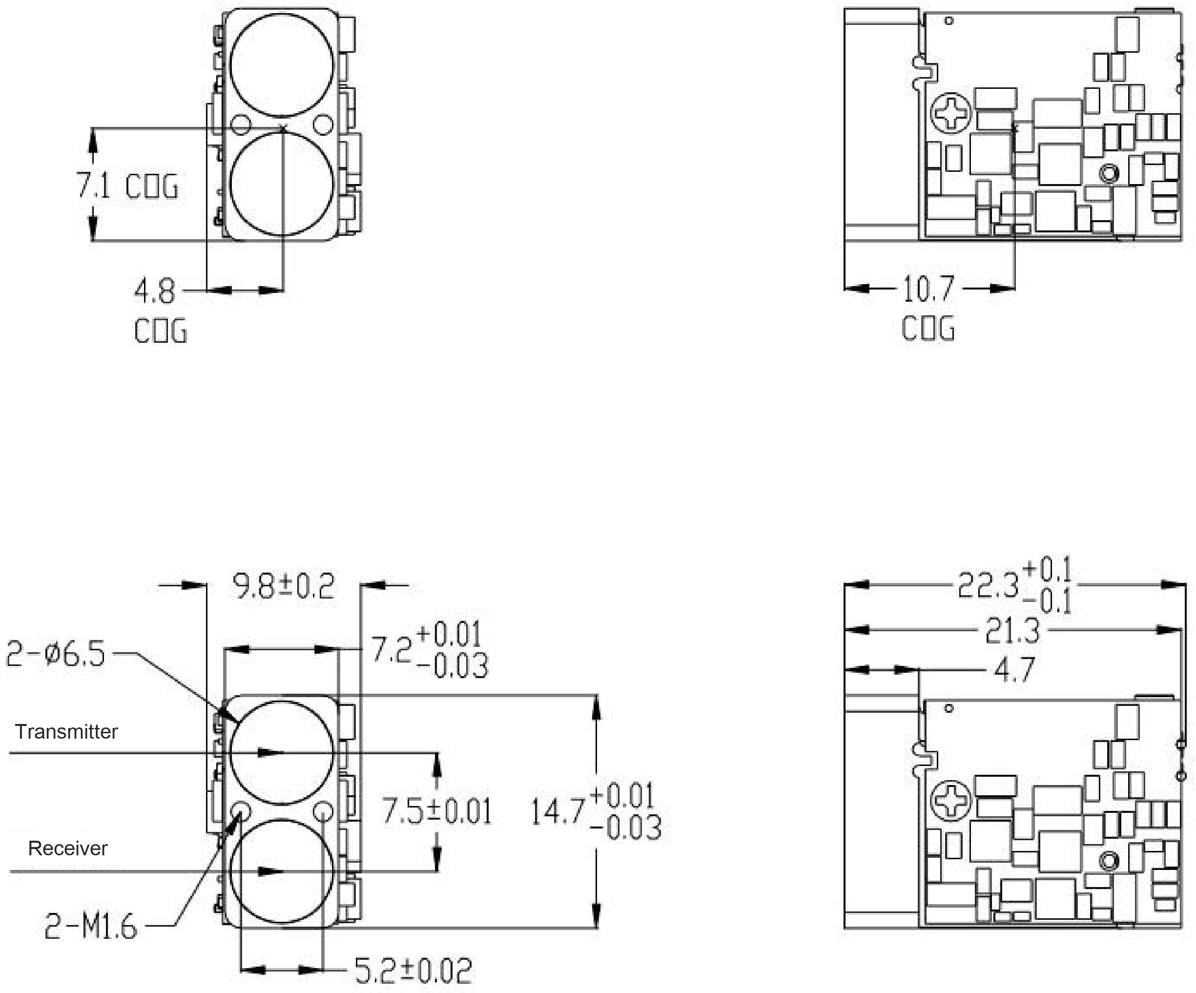 SPD1200ZG mechanical drawing with dimensions, tolerances, optical apertures, and mounting features