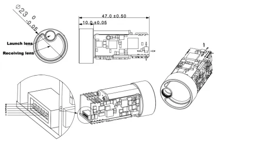 LR1000D23 Compact Laser Ranging Module (Ø23×47mm) with IEC Class 1 Safety product technical image