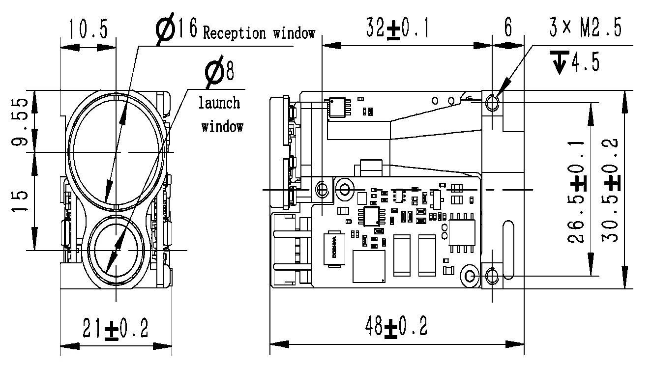LRF0405C 4 km 1535 nm eye-safe laser rangefinder module outline dimensions for OEM integration