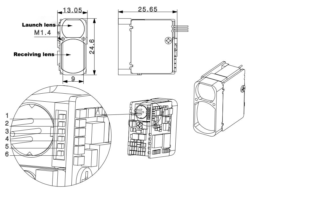 LR1000E2 mechanical dimension drawing and six-pin electrical interface callout