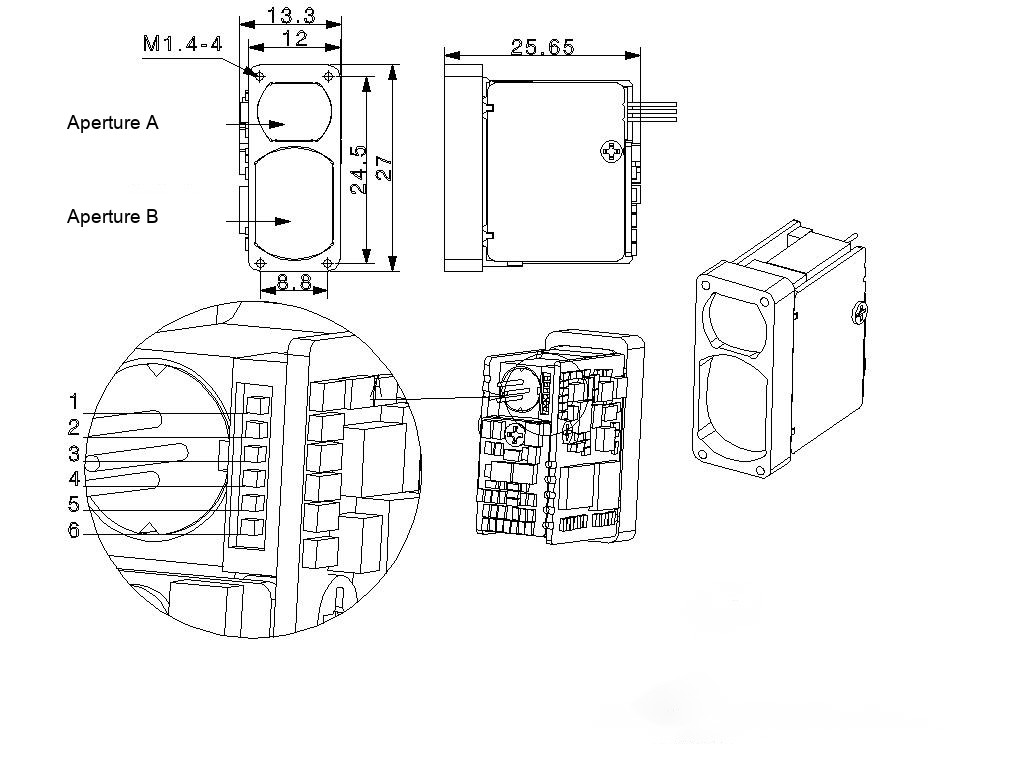 LR1000E4 source mechanical drawing and physical six-pin callout