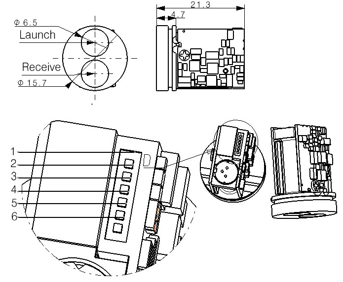 SPD1200N0 source mechanical drawing and six-pin callout