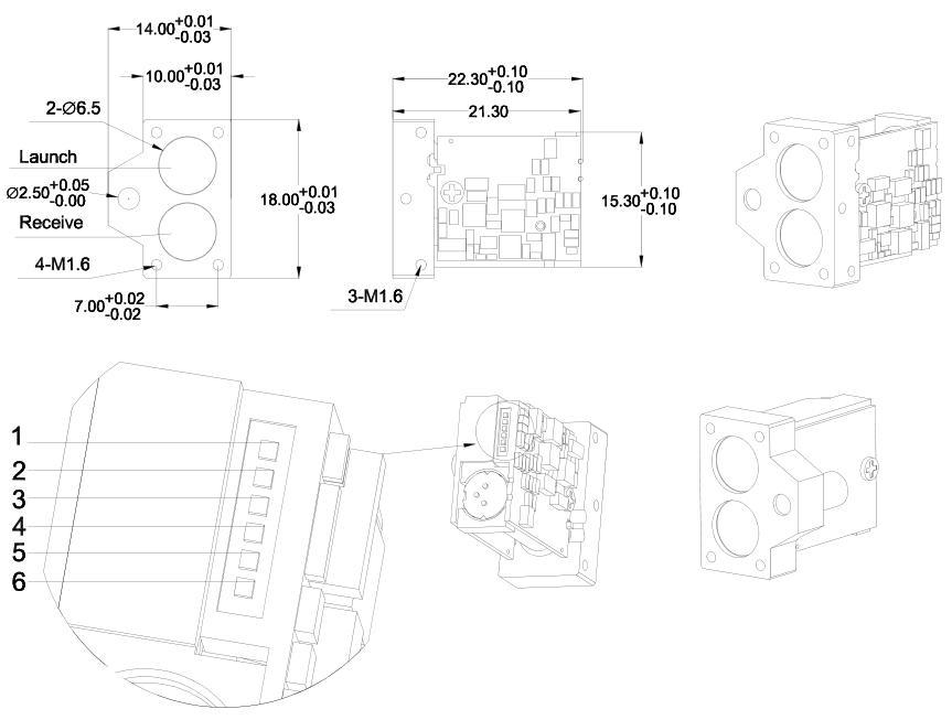 SPD1200N3 dimensioned mechanical drawing and numbered six-pin connector