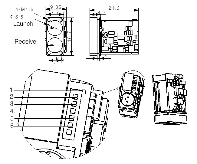 SPD1200N4 source mechanical drawing and six-pin callout