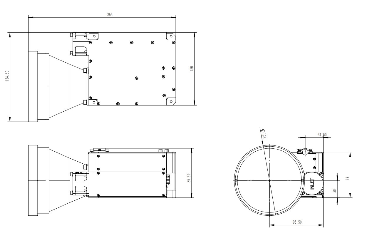 Controlled mechanical dimensional drawing of the ERDI 1570 nm single-aperture laser rangefinder