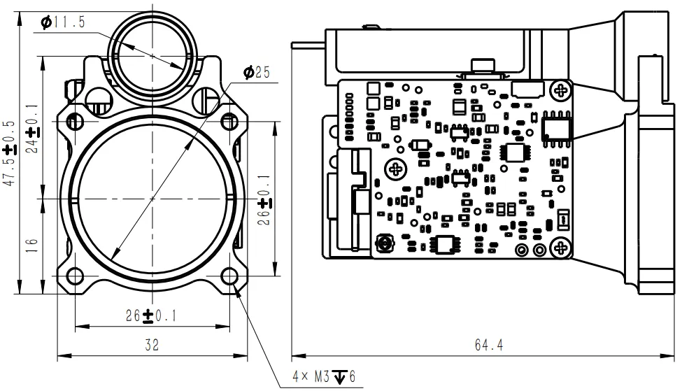 LRF0612C laser rangefinder module outline dimensions and installation interface diagram